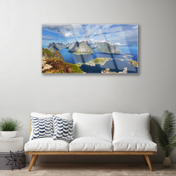 Skleneny obraz Hory more záliv krajina 100x50 cm 2 Prívesky