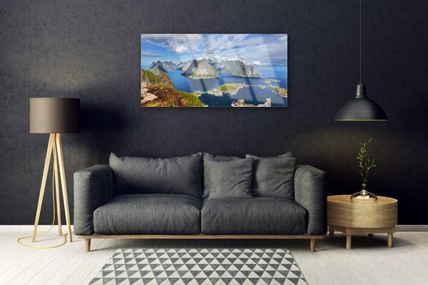Skleneny obraz Hory more záliv krajina 100x50 cm 2 Prívesky