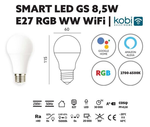 SMART LED ŽIAROVKA 8,5W E27 RGB WW WiFi