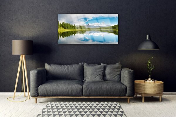 Skleneny obraz Les jazero hory príroda 100x50 cm 2 Prívesky