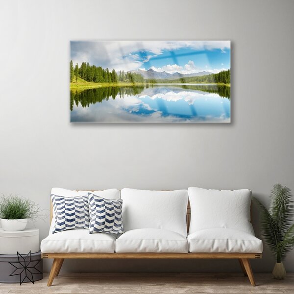 Skleneny obraz Les jazero hory príroda 100x50 cm 2 Prívesky