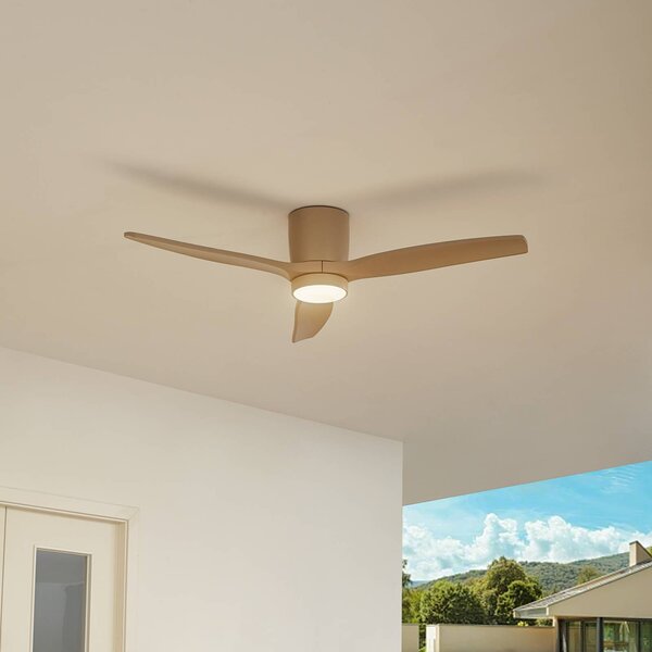 Lucande LED stropný ventilátor Sorin, béžový, DC, tichý, IP44, Krémová / jantárovo žltá, Obývacia izba / jedáleň, kov, Moderný
