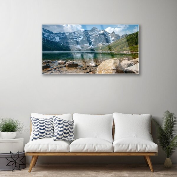 Skleneny obraz Hory les jazero kamene 100x50 cm 2 Prívesky