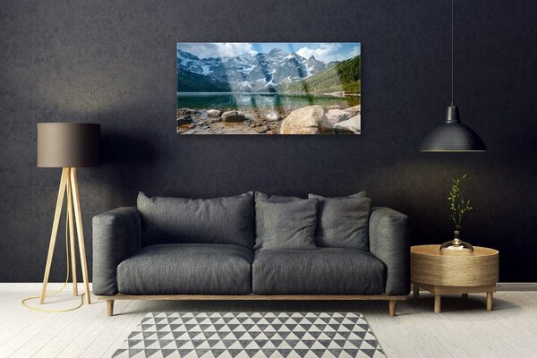 Skleneny obraz Hory les jazero kamene 100x50 cm 2 Prívesky
