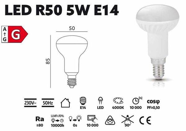Žiarovka LED R50 5W, E14, 4000K, 230V, LED2B