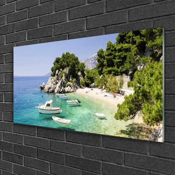 Skleneny obraz More pláž skaly lode 100x50 cm 2 Prívesky