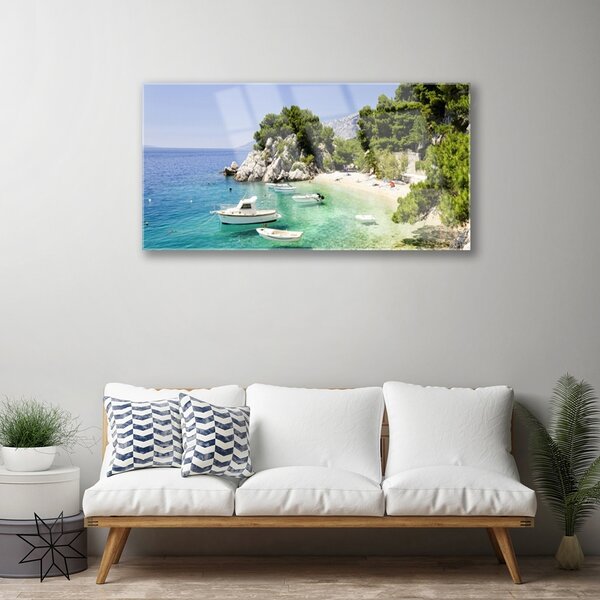 Skleneny obraz More pláž skaly lode 100x50 cm 2 Prívesky