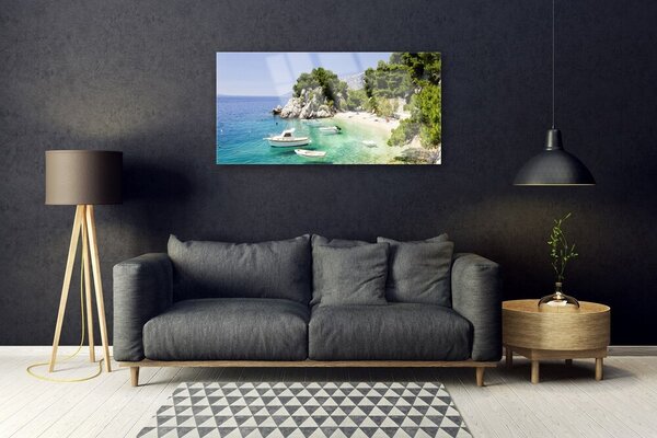Skleneny obraz More pláž skaly lode 100x50 cm 2 Prívesky