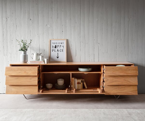 DELIFE Komoda Eloi 240x40 cm akácia prírodná 2 dvierka 6 zásuviek podstava v tvare V nerezová oceľ