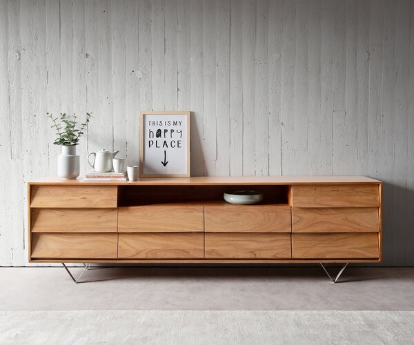 DELIFE Komoda Eloi 240x40 cm akácia prírodná 2 dvierka 6 zásuviek podstava v tvare V nerezová oceľ