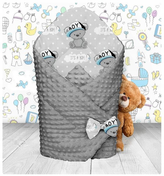MAXMAX Obojstranná zavinovačka pre bábätká 80x80 cm BABYMAM PREMIUM - Medvedík Little BOY so sivou Minky