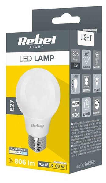 Žiarovka LED A60 8,5W E27 6500K 230V Rebel