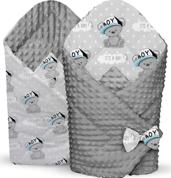 MAXMAX Obojstranná zavinovačka pre bábätká 80x80 cm BABYMAM PREMIUM - Medvedík Little BOY so sivou Minky