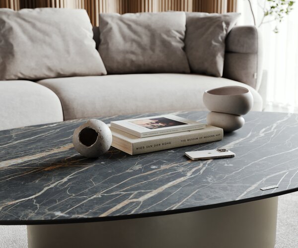 DELIFE Konferenčný stolík Casilda 150x90 cm keramika Laminam®Noir Desir hnedá stredová podstava efektová povrchová úprava titánová