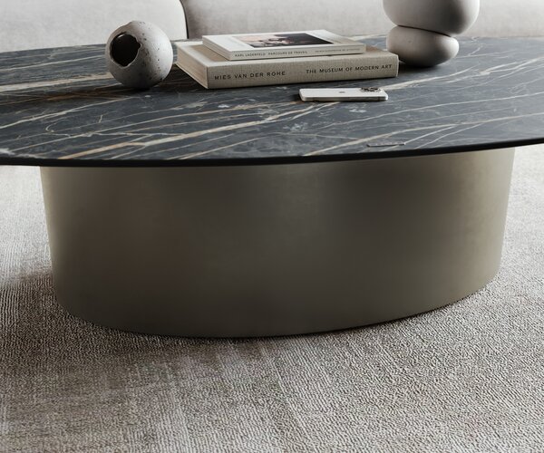 DELIFE Konferenčný stolík Casilda 150x90 cm keramika Laminam®Noir Desir hnedá stredová podstava efektová povrchová úprava titánová