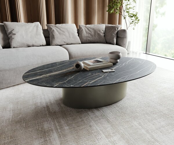DELIFE Konferenčný stolík Casilda 150x90 cm keramika Laminam®Noir Desir hnedá stredová podstava efektová povrchová úprava titánová
