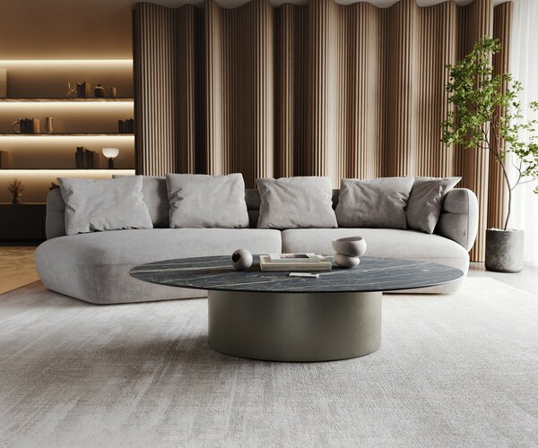 DELIFE Konferenčný stolík Casilda 150x90 cm keramika Laminam®Noir Desir hnedá stredová podstava efektová povrchová úprava titánová