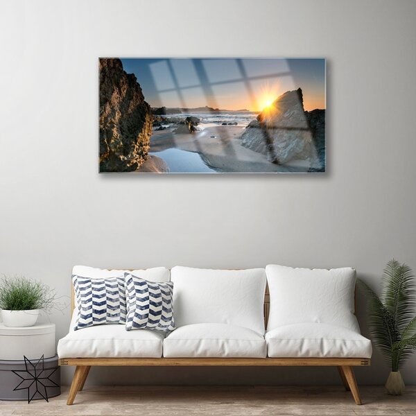 Skleneny obraz Skala pláž slnko krajina 100x50 cm 2 Prívesky