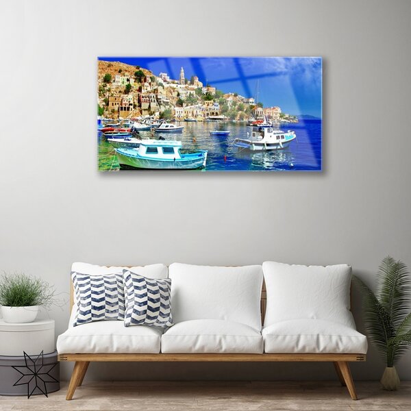 Skleneny obraz Loďky mesto more krajina 100x50 cm 2 Prívesky