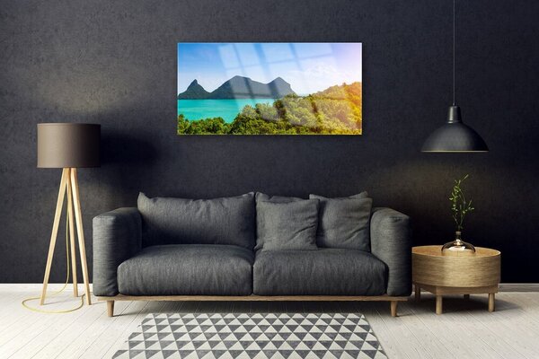 Skleneny obraz Hory more stromy príroda 100x50 cm 2 Prívesky