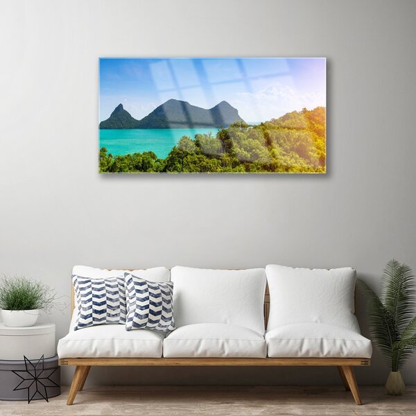 Skleneny obraz Hory more stromy príroda 100x50 cm 2 Prívesky