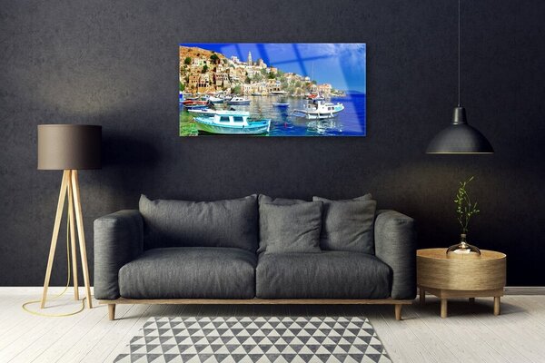 Skleneny obraz Loďky mesto more krajina 100x50 cm 2 Prívesky