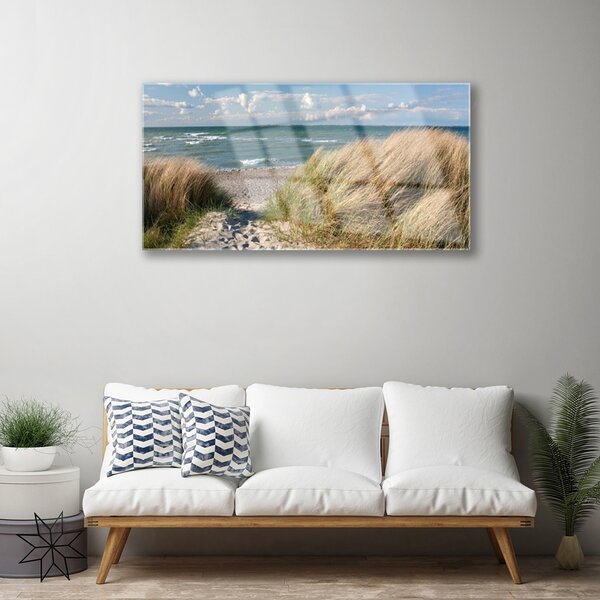 Skleneny obraz Pláž more tráva krajina 100x50 cm 2 Prívesky