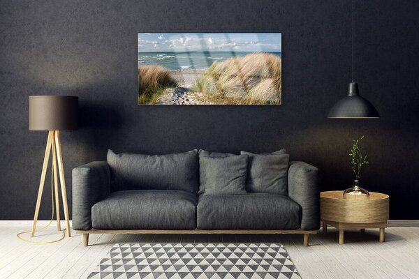 Skleneny obraz Pláž more tráva krajina 100x50 cm 2 Prívesky