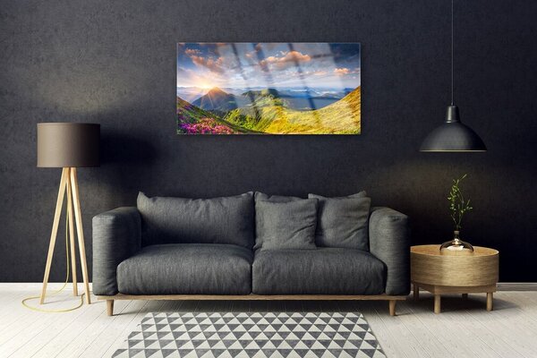 Skleneny obraz Hory slnko lúka krajina 100x50 cm 2 Prívesky