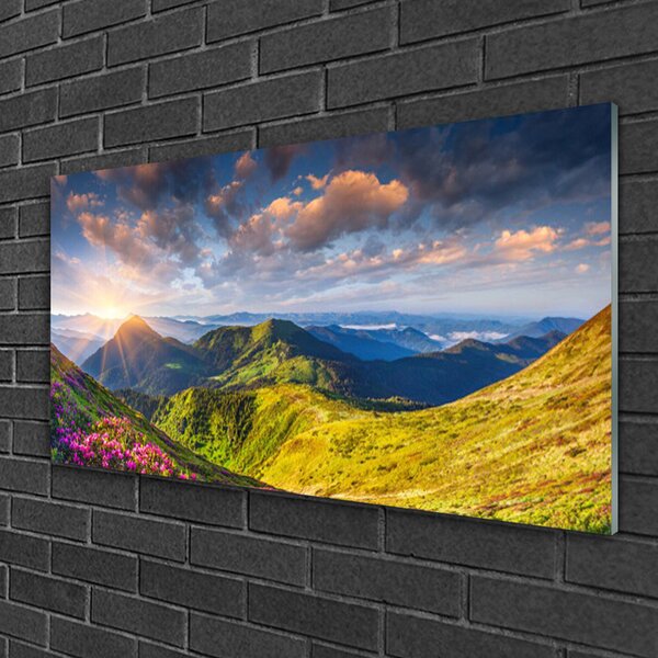 Skleneny obraz Hory slnko lúka krajina 100x50 cm 2 Prívesky