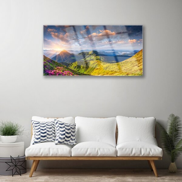 Skleneny obraz Hory slnko lúka krajina 100x50 cm 2 Prívesky