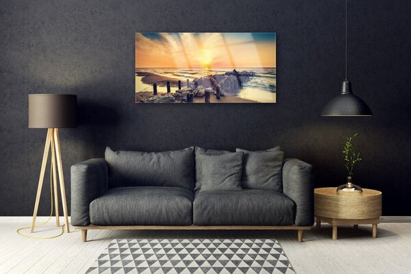 Skleneny obraz Pláž vlnolam more západ 100x50 cm 2 Prívesky