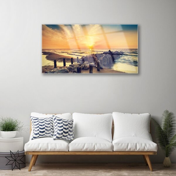 Skleneny obraz Pláž vlnolam more západ 100x50 cm 2 Prívesky
