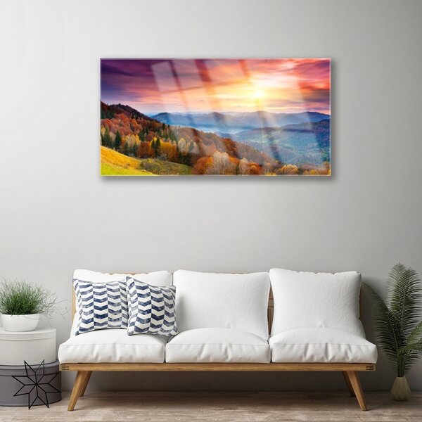 Skleneny obraz Hora les slnko krajina 100x50 cm 2 Prívesky