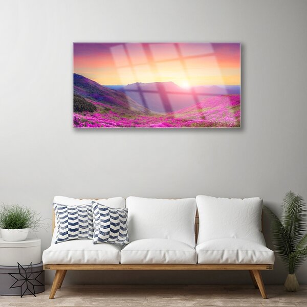 Skleneny obraz Slnko hory lúka príroda 100x50 cm 2 Prívesky