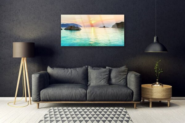 Skleneny obraz Slnko skaly more krajina 100x50 cm 2 Prívesky