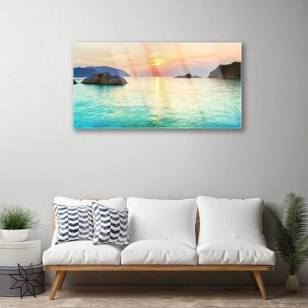Skleneny obraz Slnko skaly more krajina 100x50 cm 2 Prívesky