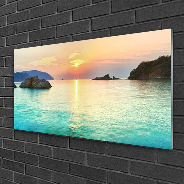 Skleneny obraz Slnko skaly more krajina 100x50 cm 2 Prívesky