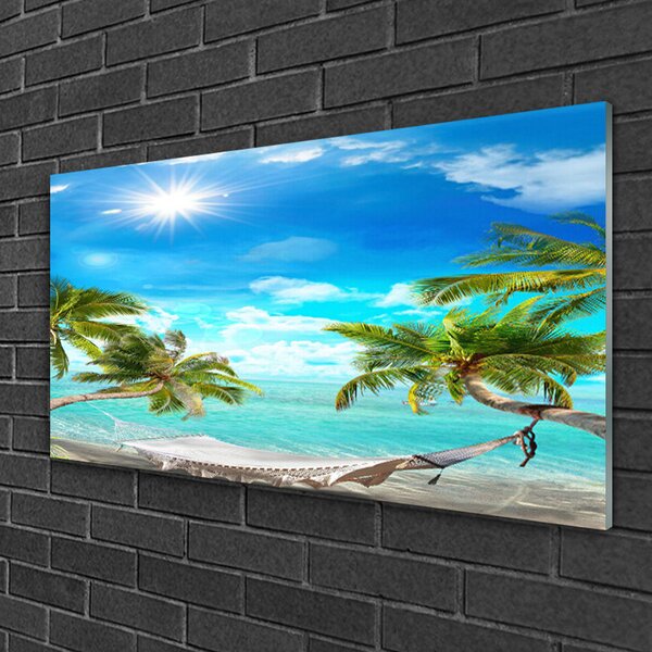 Skleneny obraz Tropické palmy hamaka pláž 100x50 cm 2 Prívesky