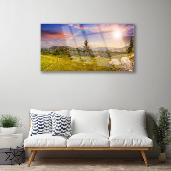 Skleneny obraz Hory lúka kamene príroda 100x50 cm 2 Prívesky