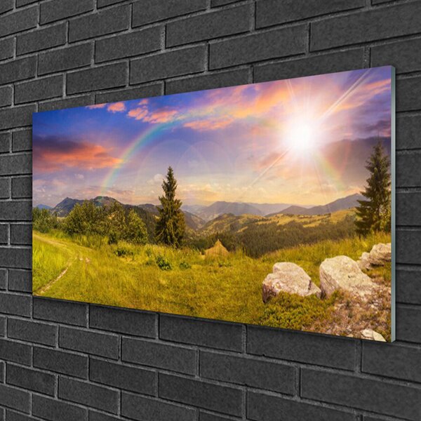 Skleneny obraz Hory lúka kamene príroda 100x50 cm 2 Prívesky