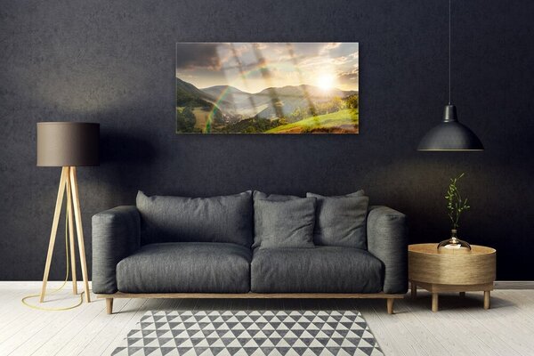 Skleneny obraz Lúka hory západ slnka 100x50 cm 2 Prívesky