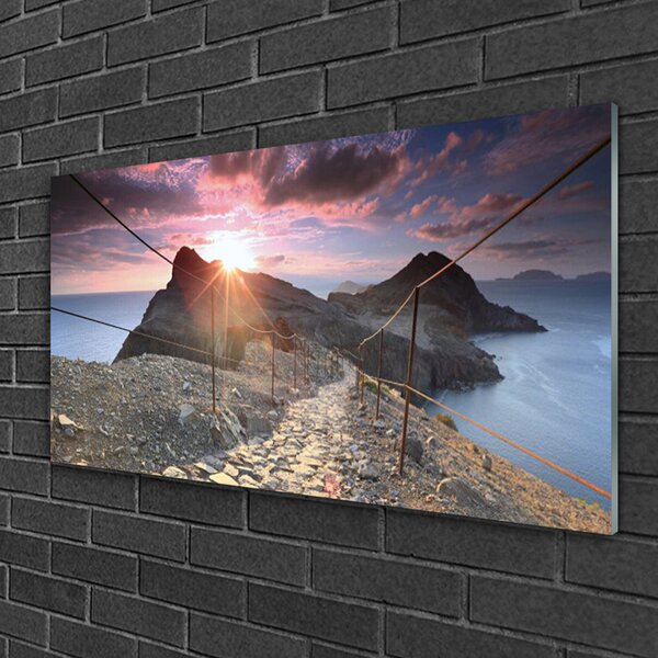 Skleneny obraz Hory chodník útes západ 100x50 cm 2 Prívesky