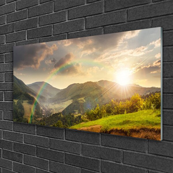 Skleneny obraz Lúka hory západ slnka 100x50 cm 2 Prívesky