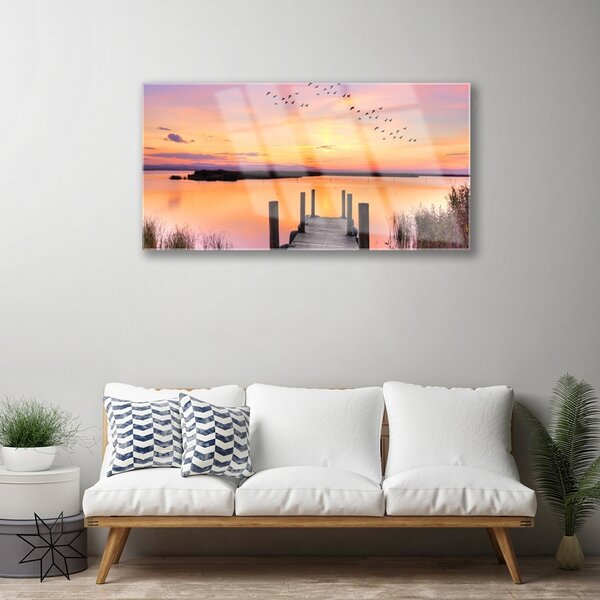 Skleneny obraz Mólo západ slnka jazero 100x50 cm 2 Prívesky