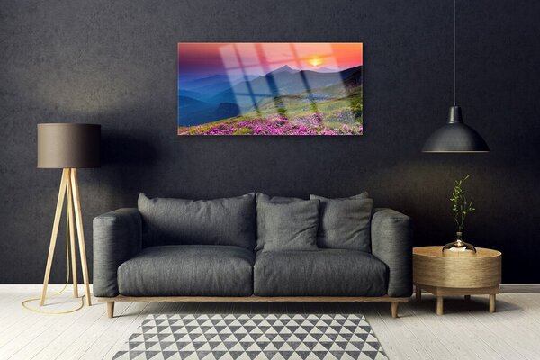 Skleneny obraz Hory lúka kvety príroda 100x50 cm 2 Prívesky