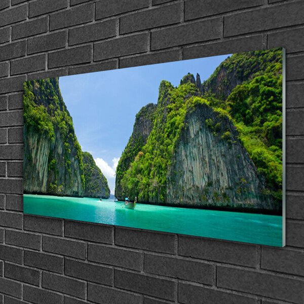 Skleneny obraz Hora voda záliv krajina 100x50 cm 2 Prívesky