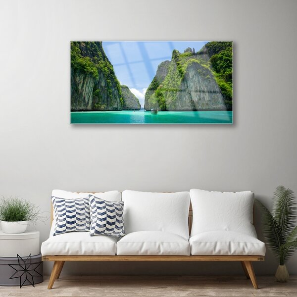 Skleneny obraz Hora voda záliv krajina 100x50 cm 2 Prívesky