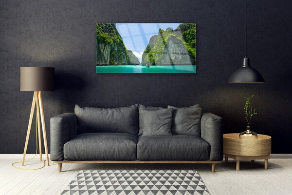 Skleneny obraz Hora voda záliv krajina 100x50 cm 2 Prívesky
