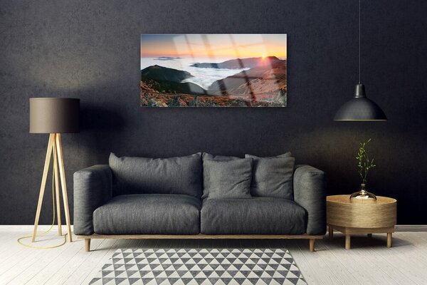 Skleneny obraz Hory mraky slnko krajina 100x50 cm 2 Prívesky